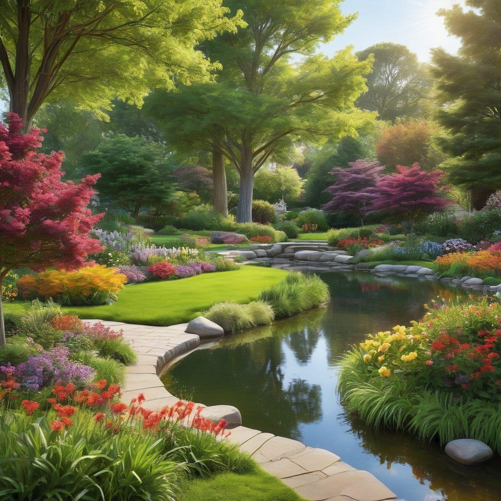 A lush landscape featuring vibrant and healthy trees in various stages of growth, surrounded by colorful flowers and bright green grass. Include a gardener planting a small sapling, with sunlight streaming through the leaves creating a warm ambiance. In the background, showcase a tranquil garden scene with a sparkling pond reflecting the trees. super-realistic. vibrant colors. natural lighting.