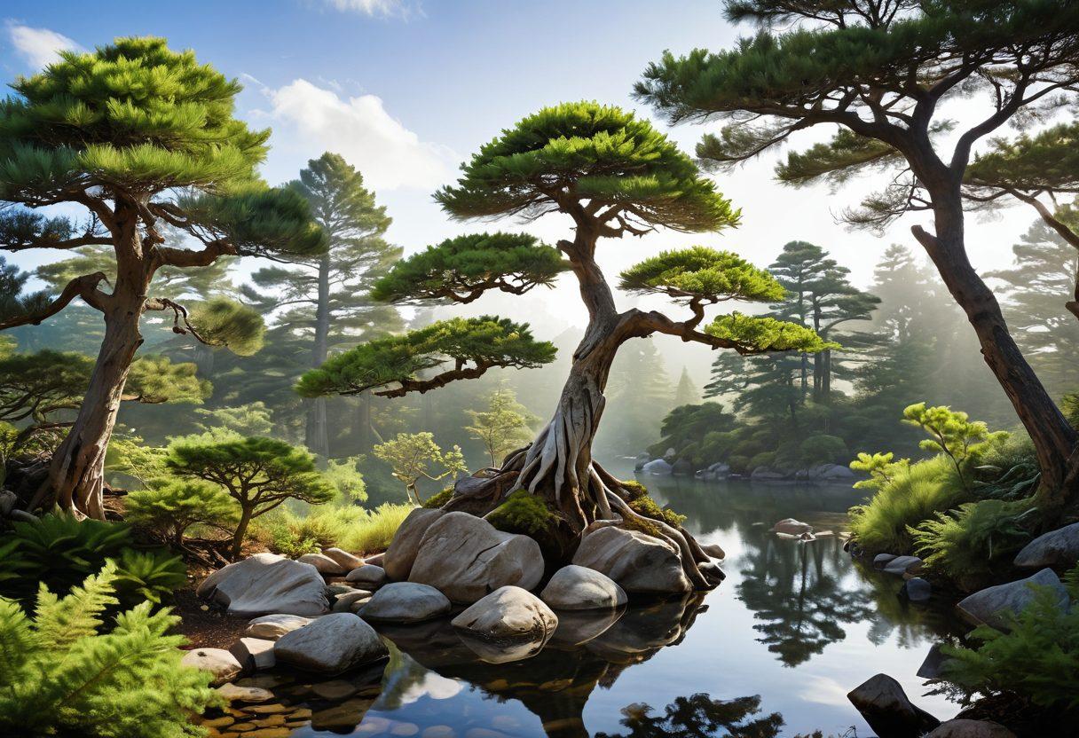 A harmonious scene depicting various tree classifications, showcasing a delicate bonsai on the left, transitioning into tall, lush evergreens on the right. The background features a gradient sky, symbolizing growth and sustainability with soft sunlight filtering through the leaves. Add detailed, educational labels on the trees highlighting their unique characteristics. Illustrate a gentle stream in the foreground to enhance the tranquil atmosphere. super-realistic. vibrant colors. nature theme.