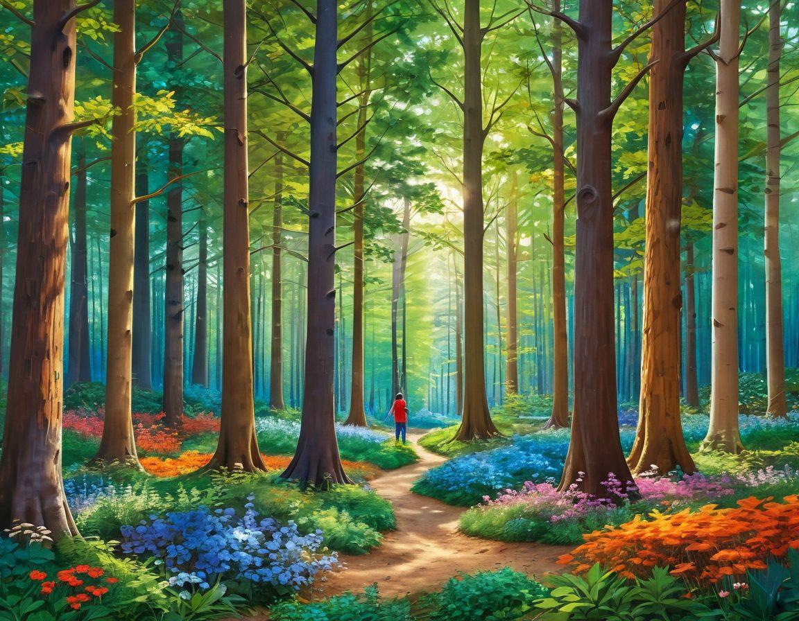 A colorful collage of various tree species, showcasing their unique leaves, trunks, and blossoms in a sunlit forest setting. Include a joyful family exploring the trees, interacting with nature, and planting saplings. The background should have a gradient of vibrant greens and blues, symbolizing healthy growth. super-realistic. vibrant colors. natural lighting.